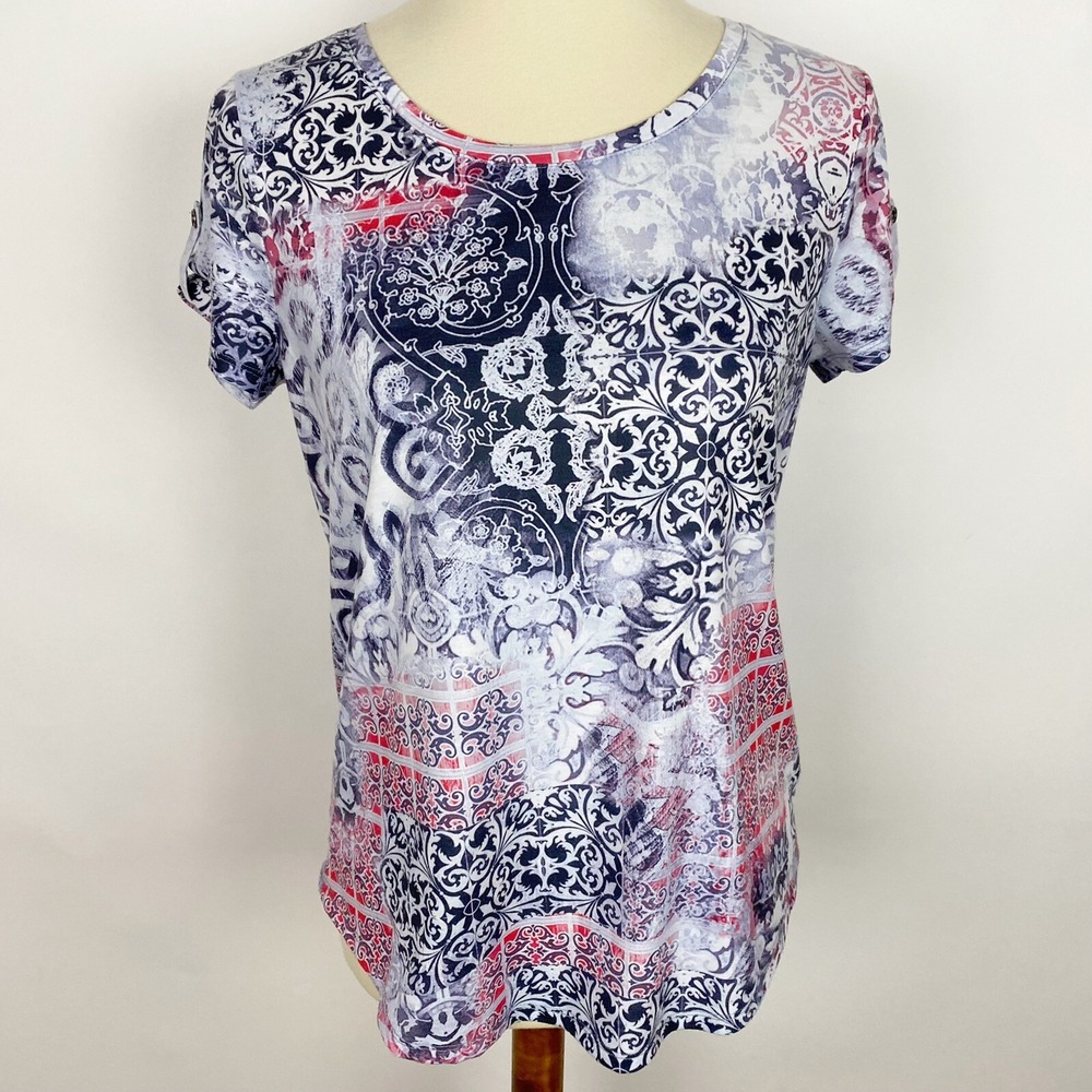 Zenergy by Chico's Medallion Tile Print Button‎ Tab Top Womens Small Chicos 0